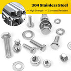 Fgruh 260PCS Hex Bolts and Nuts Assortment Kit,1/4-20, 5/16-18, 3/8-16 Hex Head Bolt Nut and Flat & Spring Washers Assorted,304 Stainless Steel, Fully Threaded