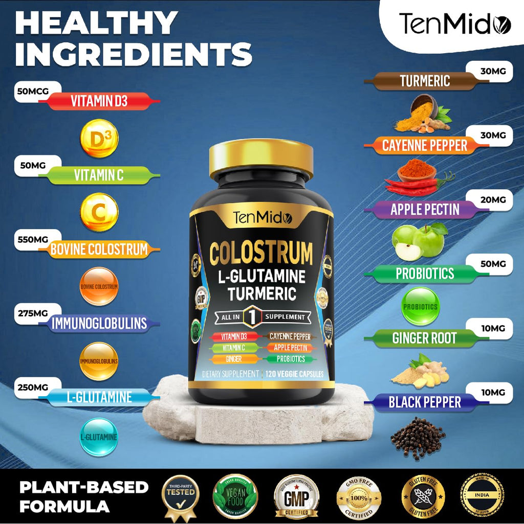 Tenmido Colostrum Supplement - 10in1 Formula - Combine with L- Glutamine, Turmeric, Cayenne Pepper, Apple Pectin, Probiotics, Ginger, and More - Digestive Health, Immune Support - 120 Capsules