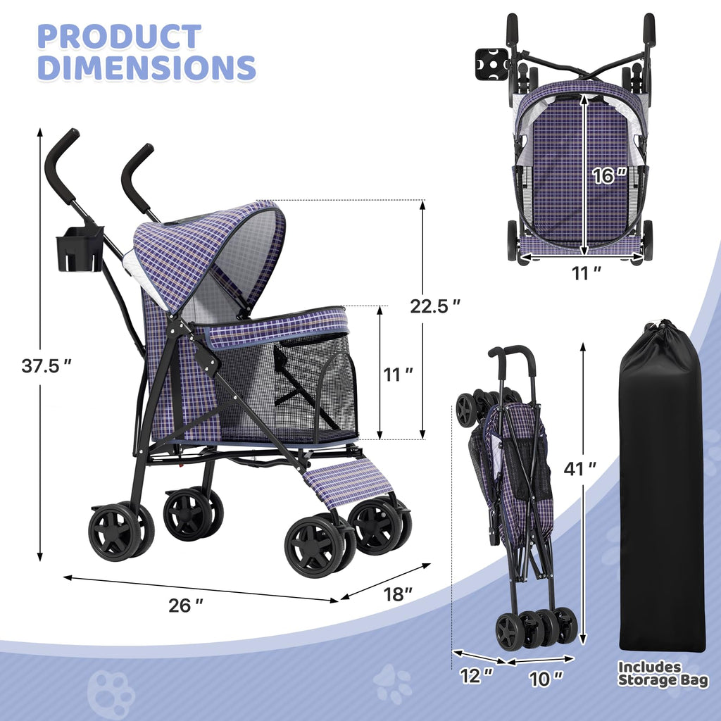 Magshion Compact Pet Stroller for Small-Medium Dogs/Cats up to 22lbs, 4-Wheel Lightweight Umbrella Shaped Portable Puppy Travel Jogger with Breathable Mesh, Cup Holder & Rear Storage, Plaid