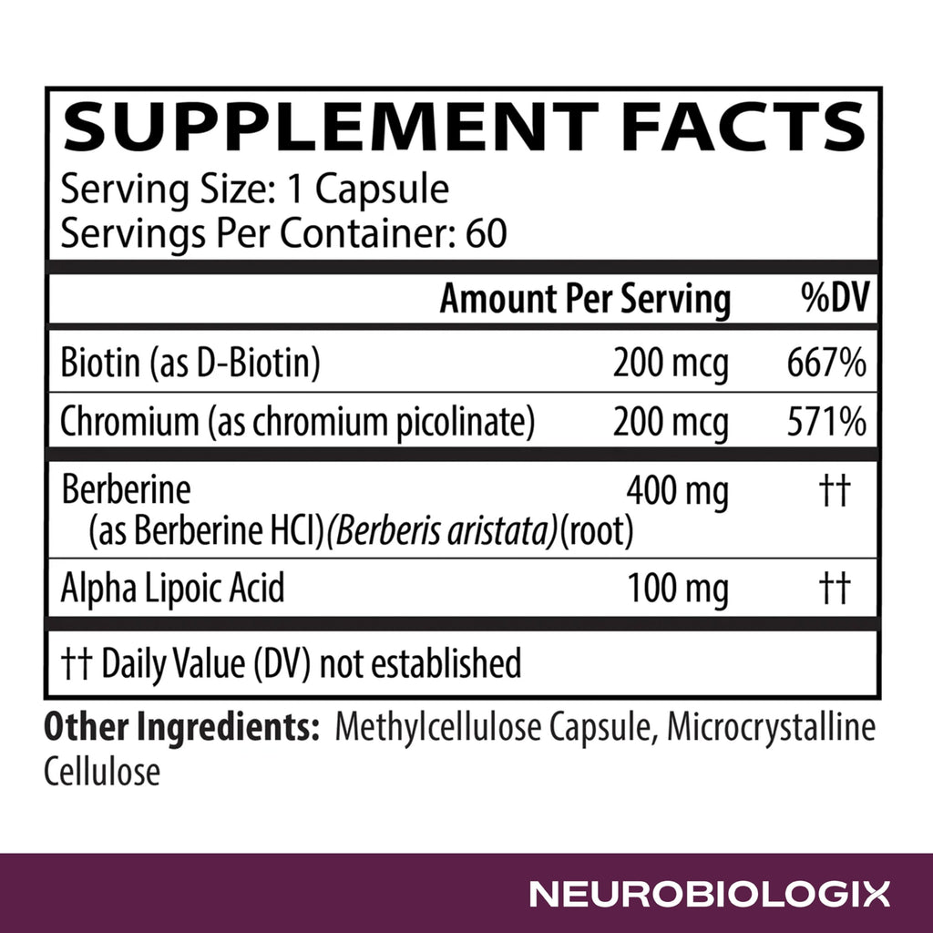 Neurobiologix Berberine Complex, Metabolic & Weight Management Support Supplement with Alpha Lipoic Acid, Biotin & Chromium for Blood Sugar Balance & Heart Health, Gluten Free, 60 Vegetarian Capsules
