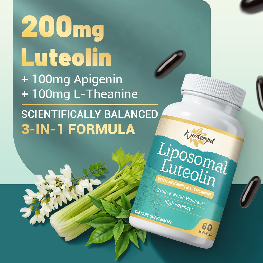 Kynderynl Liposomal Luteolin 200mg – Luteolin Supplement & Brain Supplement for Memory and Focus with Apigenin & L-Theanine – Non-GMO, Gluten-Free, 60 Softgels