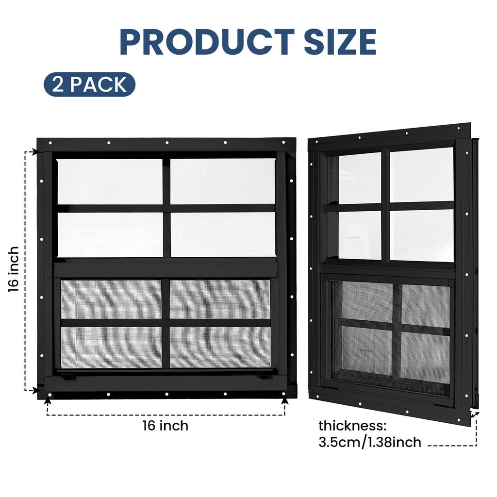 COLORPAPA 2 Pack Shed Windows,16" x 16" Small Sliding Windows,Flush Mount Windows with Tempered Glass and Fiberglass Screen for Shed, Chicken Coop, Playhouse, Household, Garage, Barns (Black)
