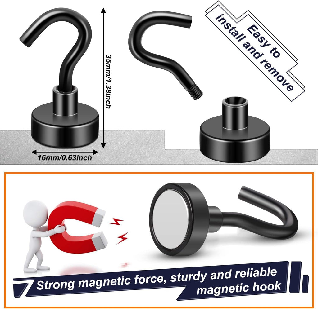 FINDMAG Black Magnetic Hooks 30 lbs Strong Neodymium Magnet Hooks for Hanging, Magnet with Hook for Cruise, Grill, Fridge, Pack of 50