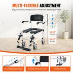 VEVOR Shower Commode Wheelchair with 4 Lockable Wheels, Footrests, Flip-up Arms, 3-Level Adjustable Height, 5L Removable Bucket, 350 LBS Capacity, Commode Chair for Adults Seniors
