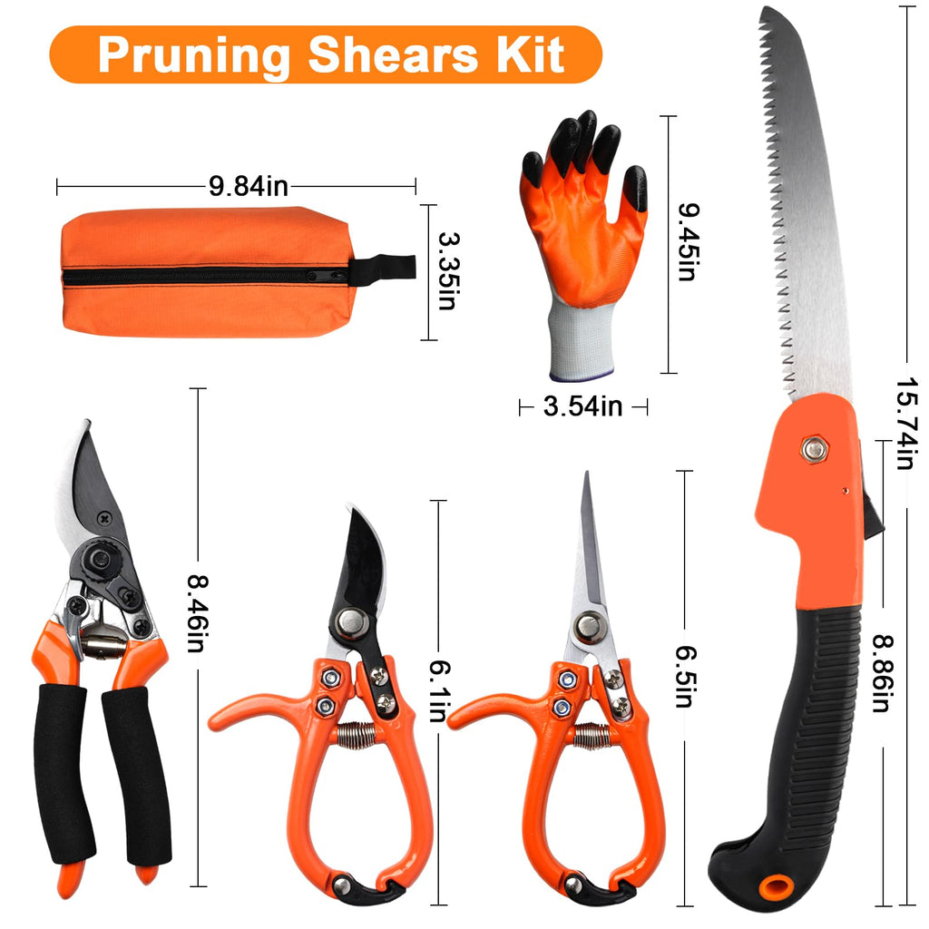 6Pcs Pruning Shears Set with Bypass Pruning Shears, Garden Scissors, Pruning Snips,Saw,Gloves,Storage Bag,Handheld Garden Shears Set for Plant
