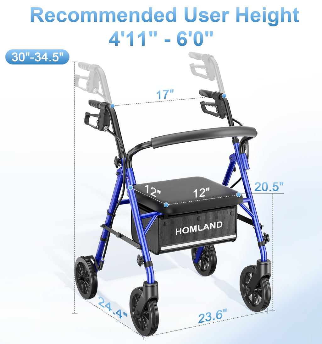 Walkers for Seniors with Seat, Lightweight 16 Pounds Folding Rolling Walker with 6-Inch Puncture-Resistant Wheel, 5-Level Height Adjustable, 300 lb Weight Capacity