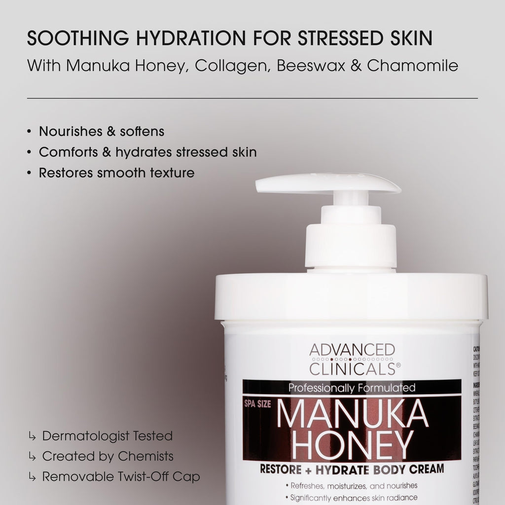 Advanced Clinicals Manuka Honey Body Cream For Women & Men | Body Butter Lotion For Extremely Dry Skin | Collagen Cream | Skincare Moisturizer Hydrating Balm Improves Look Of Aging Skin, 16 Ounce