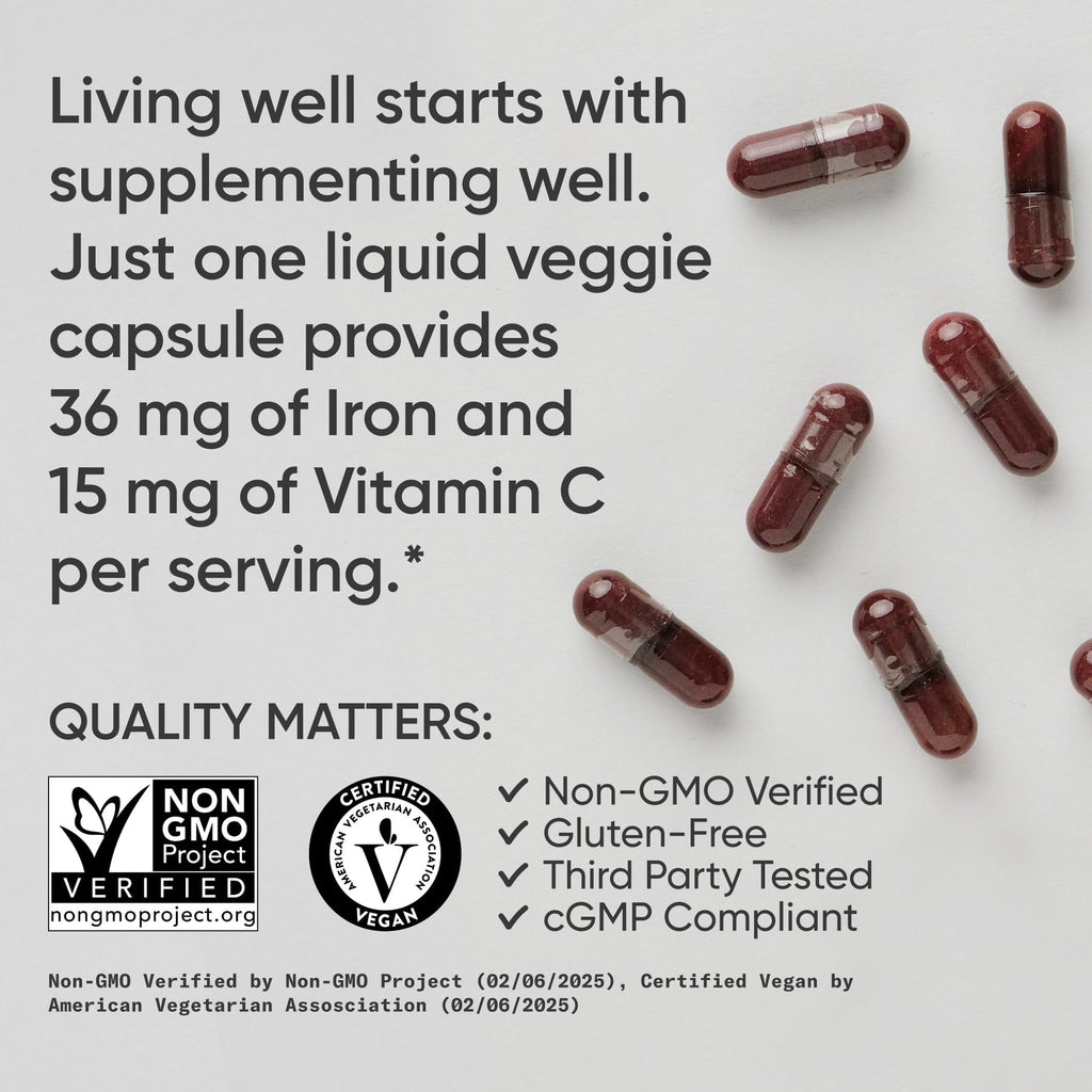 Sports Research® Blood Balance Iron Supplement - 36 MG Iron + Folate & Vitamin C for Absorption - Red Blood Cell Support for Women & Men* - Vegan Certified · Non-GMO · Gluten-Free - 90 Capsules