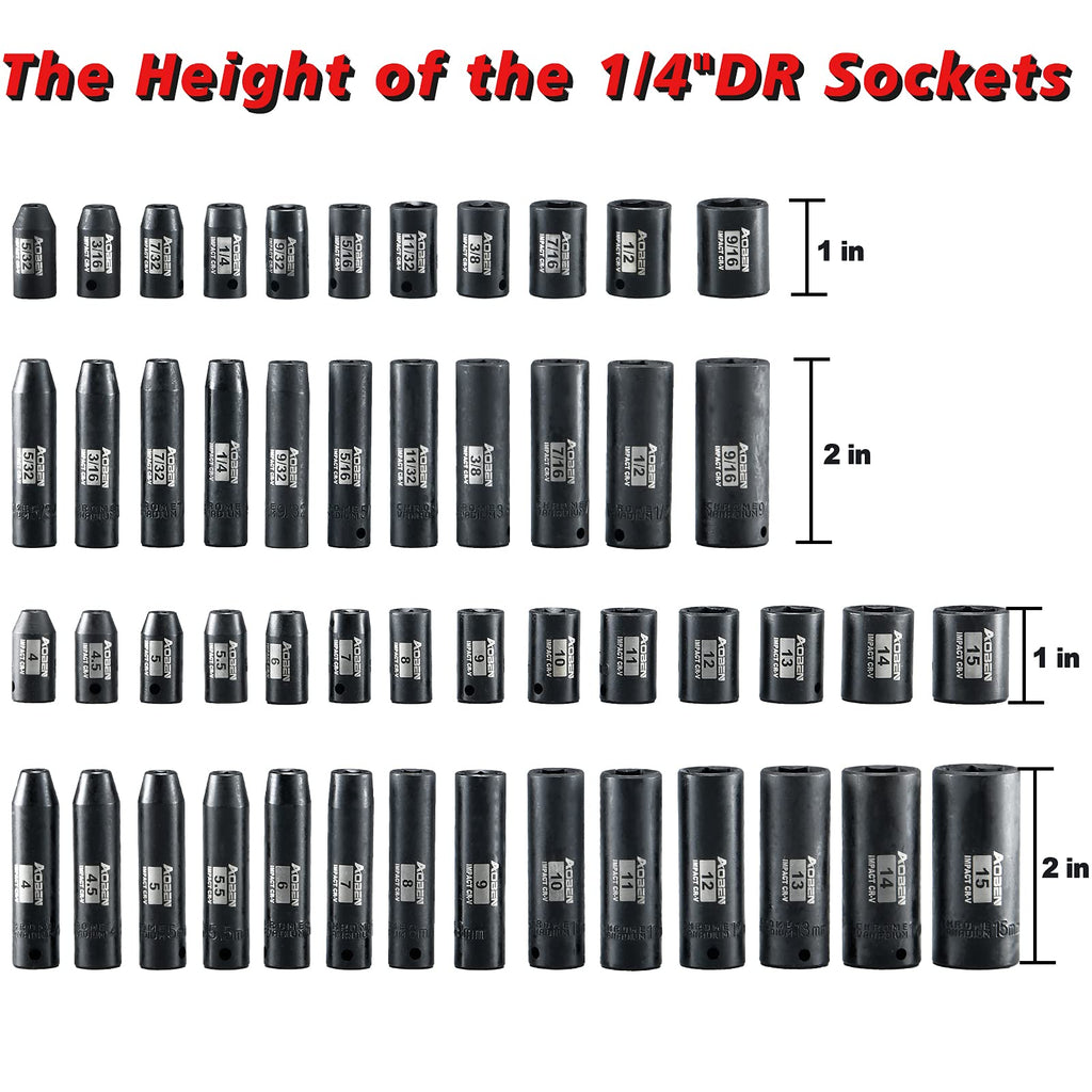 AOBEN 1/4-Inch Drive Impact Socket Set, 54 Pieces, 6 Point, SAE/Metric, (5/32" - 9/16" ，4mm -15mm)，Deep/Shallow, Cr-V Steel, Includes Extension bars and Socket Adapter