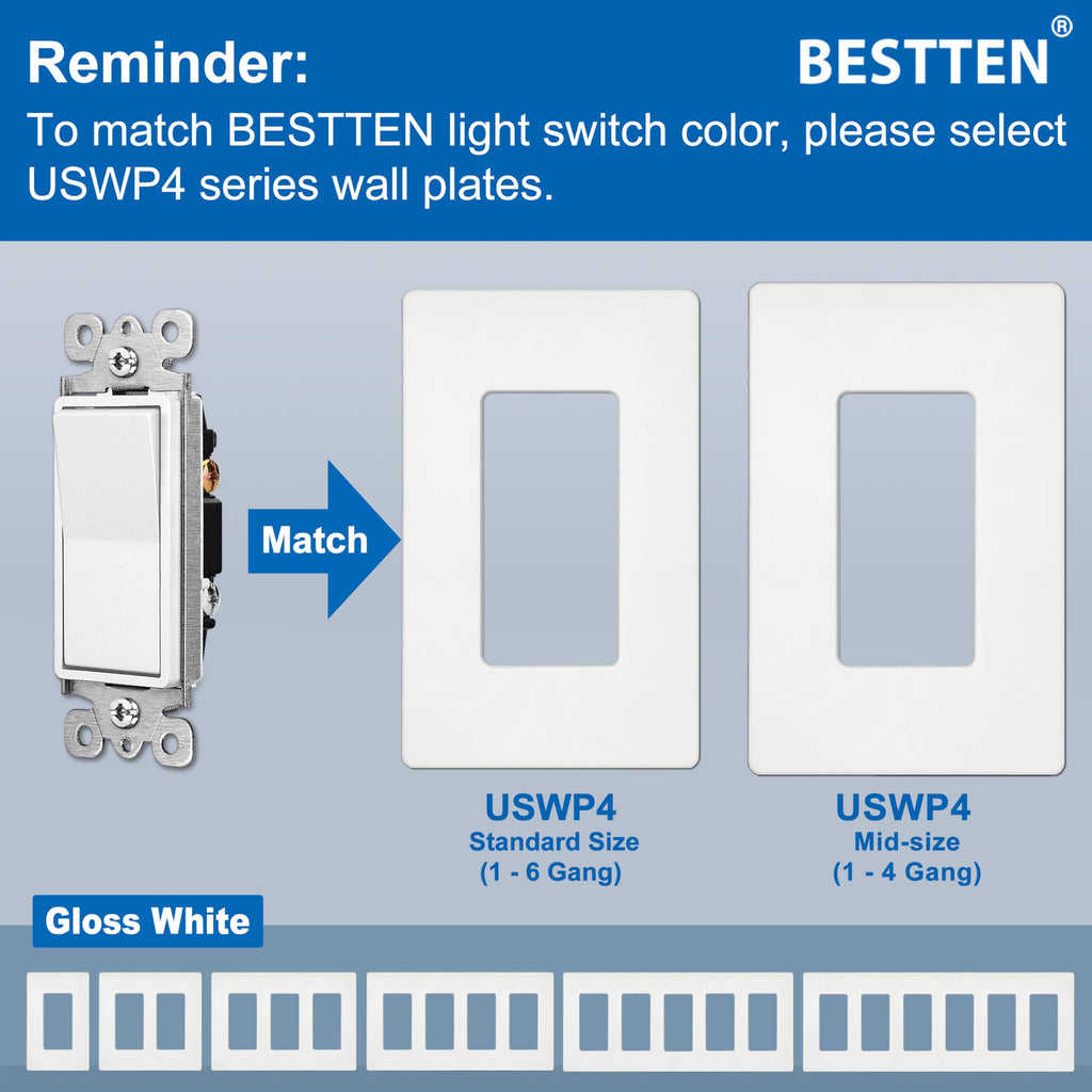 BESTTEN 40 Pack Single-Pole Light Switch, 15A 120/277V, Paddle Wall Switch, On/Off Rocker Interrupter, UL Listed, White