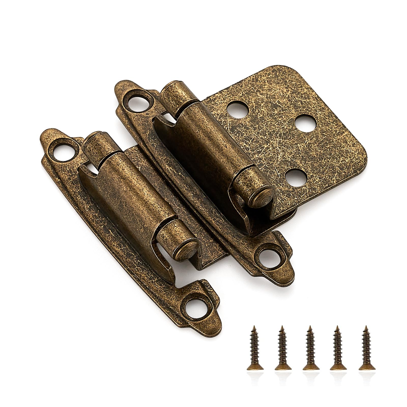 Ravinte 60 Pack (30 Pairs) 1/2 inch Overlay Cabinet Hinges, Self-Closing Semi-Concealed Face Mount, Antique Brass Decorative Hardware with Door Bumpers for Kitchen & Cupboard Doors
