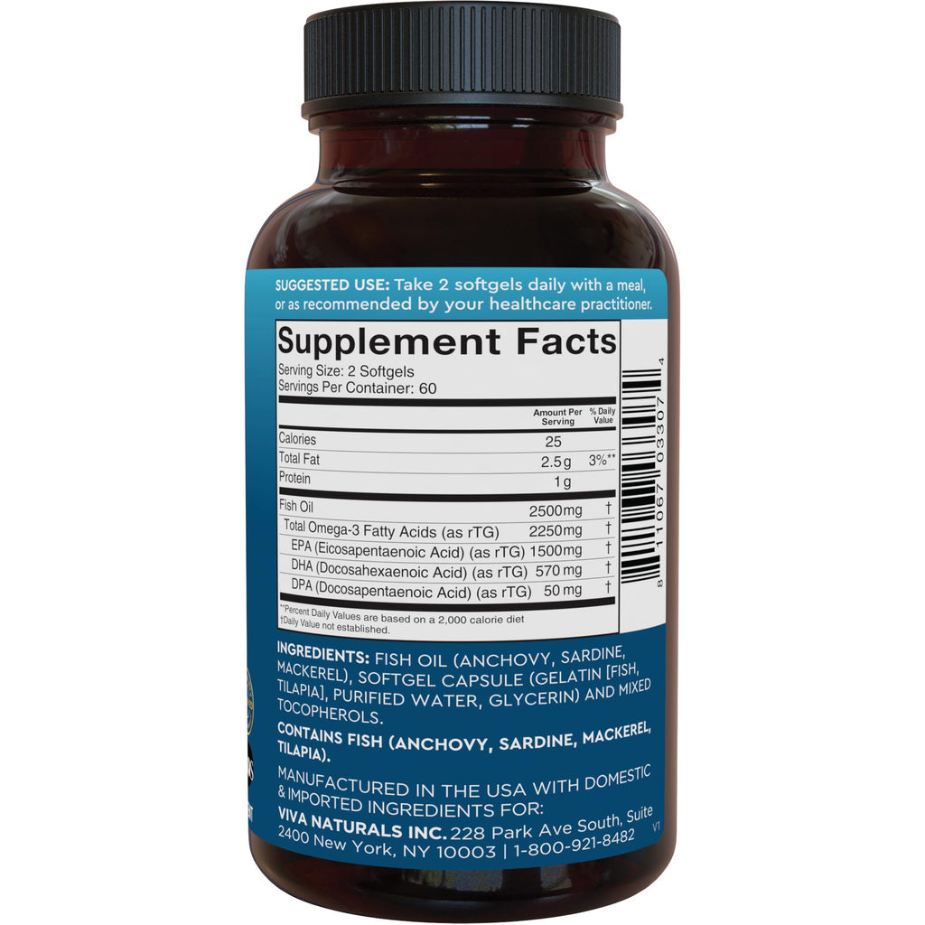 Viva Naturals Omega 3 Fish Oil Supplement for Women and Men - 2500 mg Triple Strength Fish Oil Pills with Re-Esterified Omega 3 Fatty Acids Including EPA, DHA DPA - 120 Pescatarian-Friendly Softgels