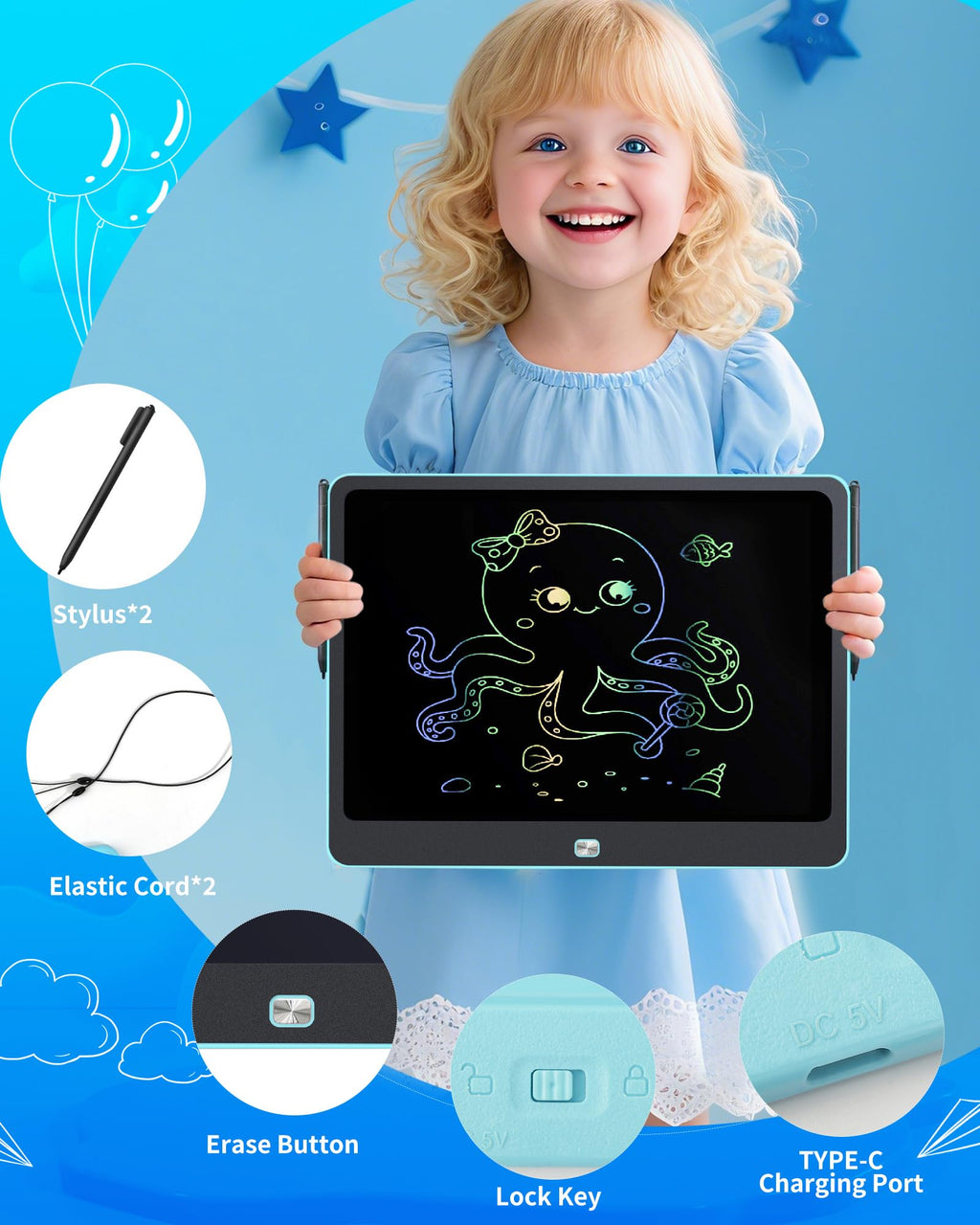Rechargeable LCD Writing Tablet for Kids, 16 Inch Colorful Drawing Tablet, Educational Toddler Drawing Pad, Reusable Learning Toys for Kids (Ages 3-8), Ideal Gift for Christmas Birthday (Blue)