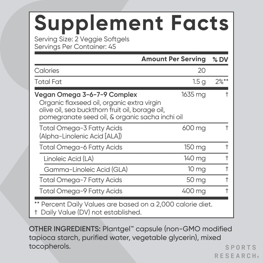 Sports Research® Vegan Omega 3-6-7-9 - 1200 mg of Multi-Spectrum Omega Fatty Acids Certified Non-GMO Formula with Sea Buckthorn & Borage Oil - 90 Veggie Softgels