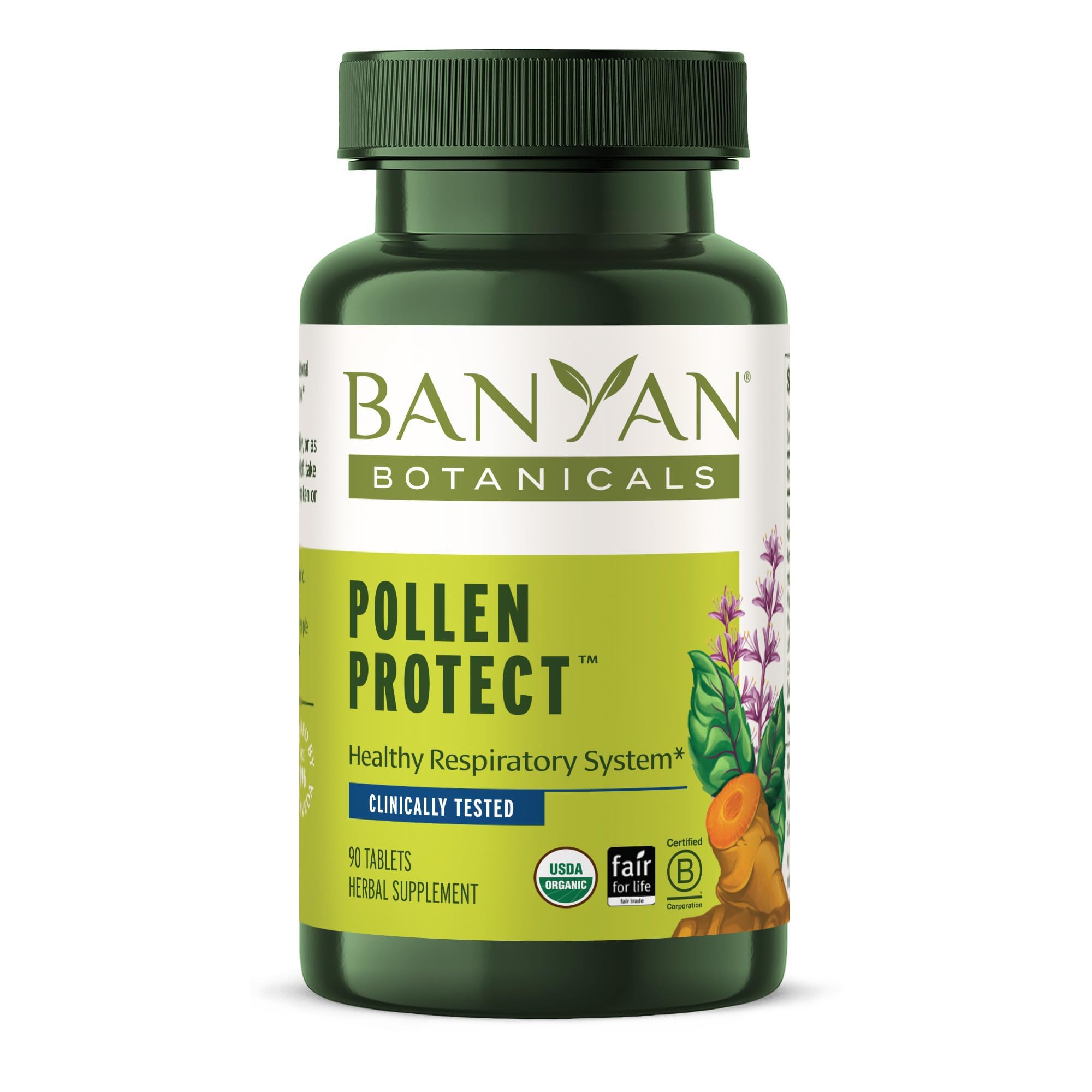 Banyan Botanicals Organic Pollen Protect–Clinically Tested Respiratory Support Supplement–Supports a Healthy Response to Seasonal Irritants–Non-Drowsy Sinus & Breathing Support-90 Tablets-USDA Organic