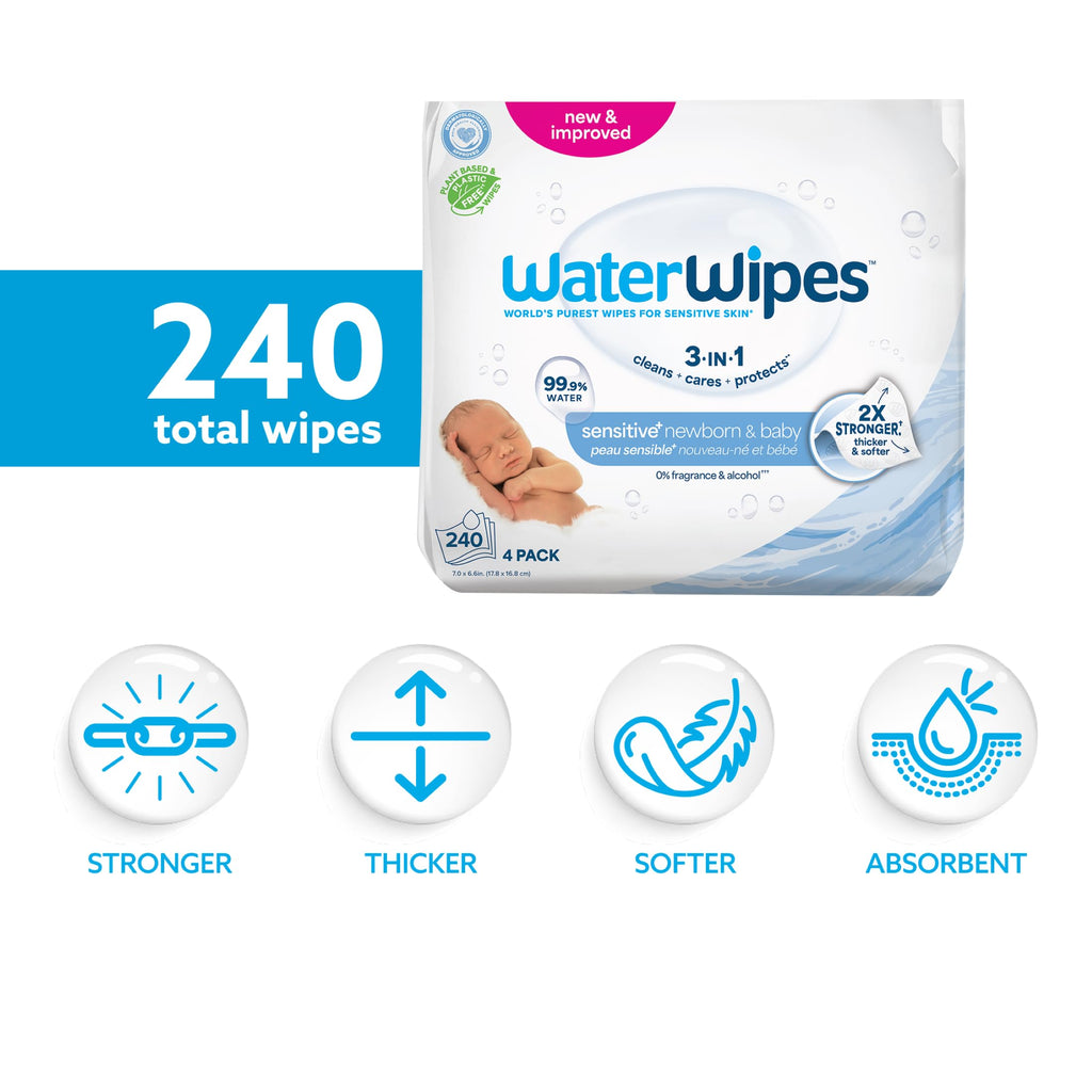 WaterWipes Sensitive+ Newborn & Baby Wipes, 3-In-1 Cleans, Cares, Protects, 99.9% Water, Unscented & Hypoallergenic, 240 Count (4 Packs)