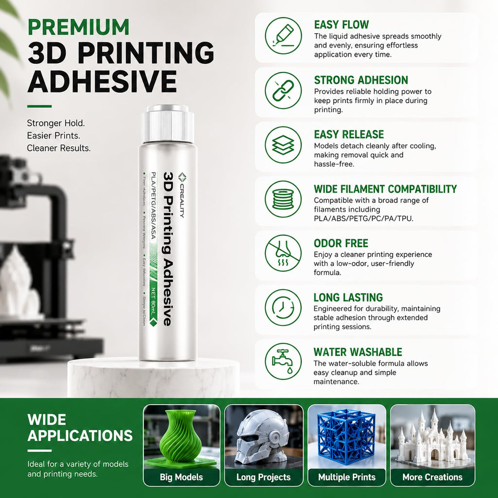 Creality 3D Printer Adhesive Glue for Bed Adhesion 80mL Large Capacity Liquid 3D Printer Glue Anti-Warping Low Odor Easy Clean Creality Glue for PLA PETG ABS ASA Fits All FDM 3D Printer (Pack of 1)