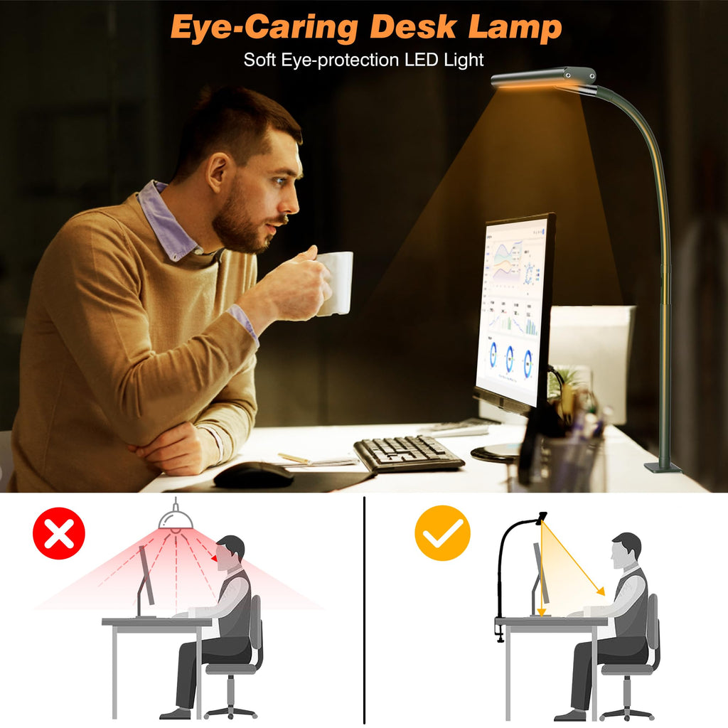 Airlonv LED Desk Lamp for Office Home, Eye-Caring Desk Light with Stepless Dimming Adjustable Flexible Gooseneck, 10W USB Adapter Desk Lamp with Clamp for Reading, Study, Workbench (Green)