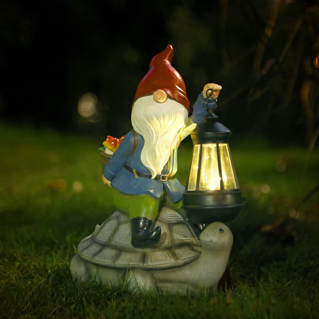 Panven Gnome and Turtle Garden Decor, Large Outdoor Garden Sculptures & Statues, Outside Patio Yard Lawn Decorations, Housewarming for Women, Mom, Grandma with Solar Lantern