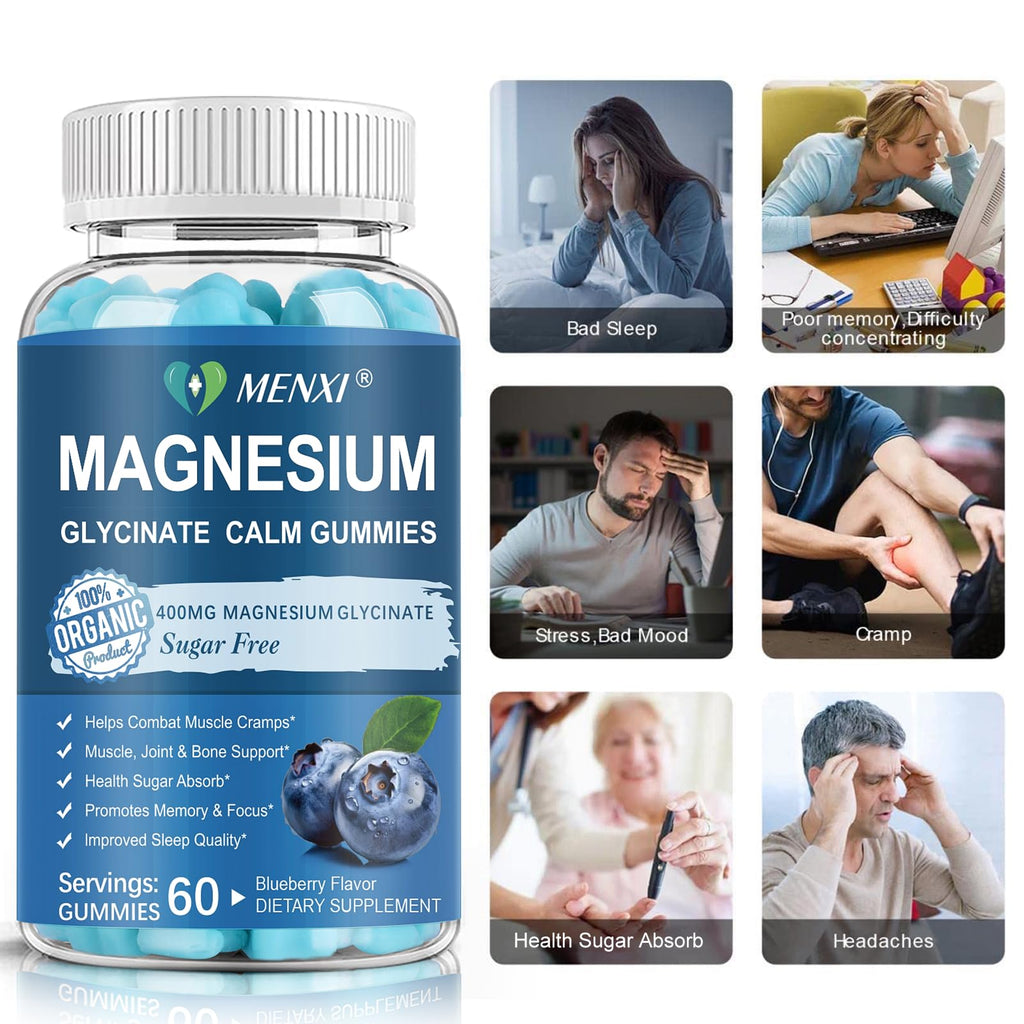 Magnesium Gummies 600mg per Serving-Magnesium Glycinate 400mg and Magnesium Malate 200mg,Sugar Free Magnesium Potassium Supplement for Calm Mood, Muscle, Bone & Sleep Support,60 Blueberry Gummies