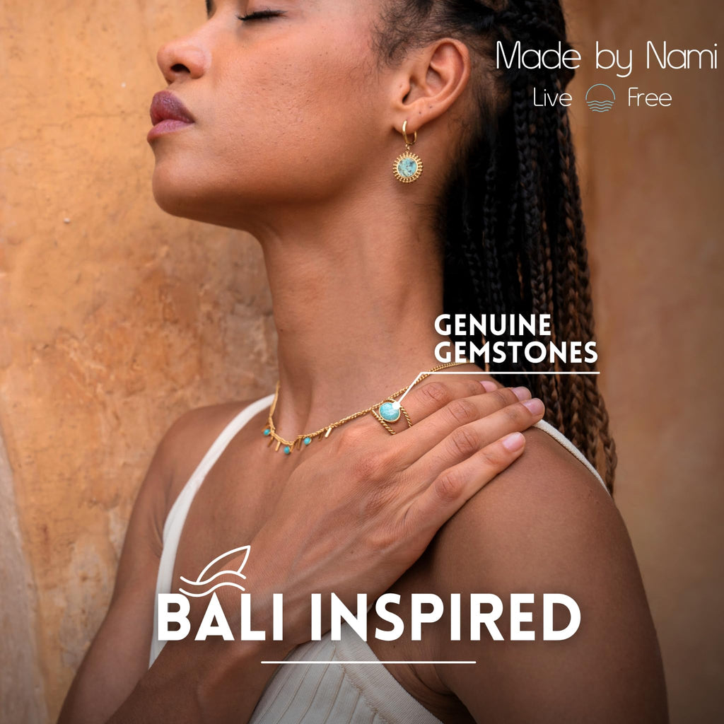 Made by Nami Adjustable Gold Plated Gemstone Ring for Women Handmade Boho Stacking Rings Chunky Open Band Turquoise Statement Jewelry Unique Minimalist Design for Everyday or Special Occasions (Double Row Turquoise Stone)