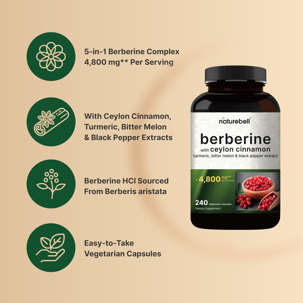 NatureBell Berberine with Ceylon Cinnamon Complex 4,800 mg** Per Serving, 240 Vegetarian Capsules | 5-in-1 Berberine HCl Supplement with Turmeric, Bitter Melon & Black Pepper Extract | Non-GMO