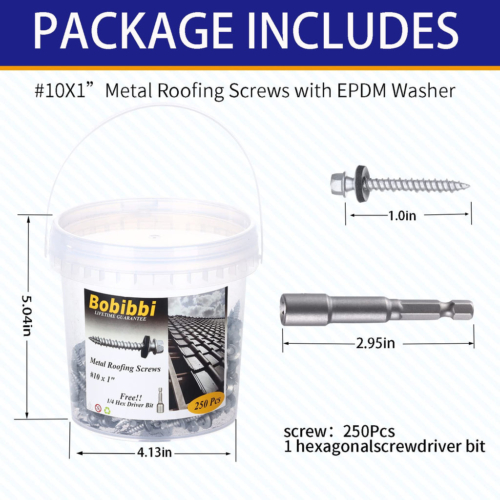Metal Roofing Screws 10 x 1 inch, Hex Head Sheet Metal Roof Screw with EPDM Washer for Corrugated Roofing (250Pcs)