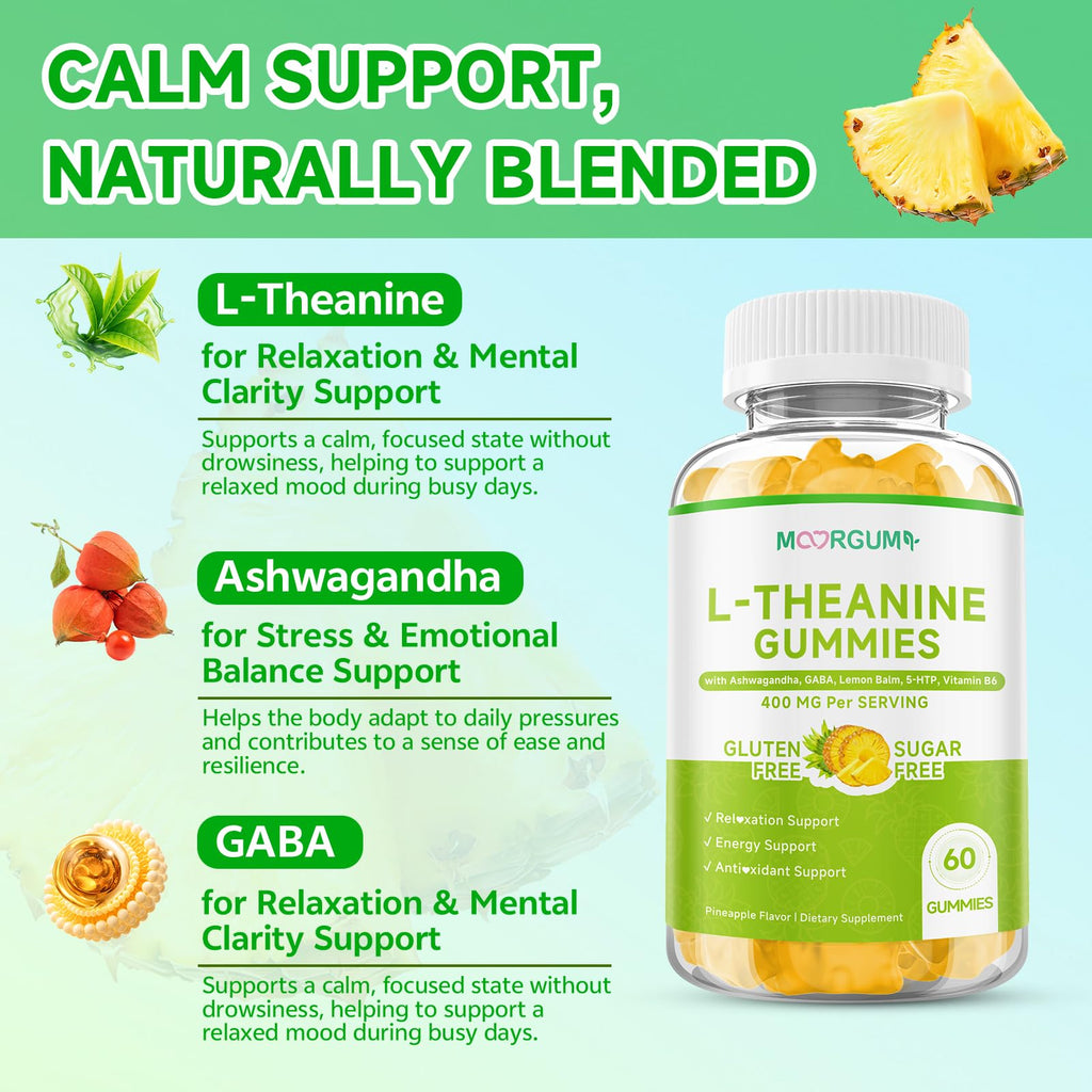 L-Theanine Gummies, 400mg l'theanine Chewable Supplement with Ashwagandha, GABA, Lemon Balm, 5-HTP, Vitamin B6, Support Zzz, Relax & Emotion, Vegan, Non-GMO, Sugar Free, Pineapple Flavor, 60 Count
