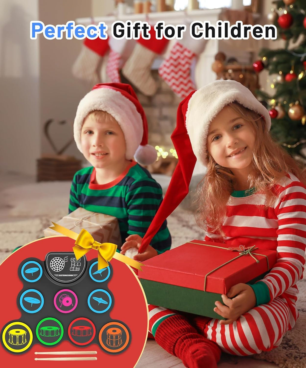 Sboet Electronic Drum Set, 9-Drum Practice Pad with Headphone Jack, Roll-up Drum Kit Machine with Built-in Speaker Drum Pedals and Sticks 10 Hours Playtime, Great Christmas Holiday Gifts for Kids