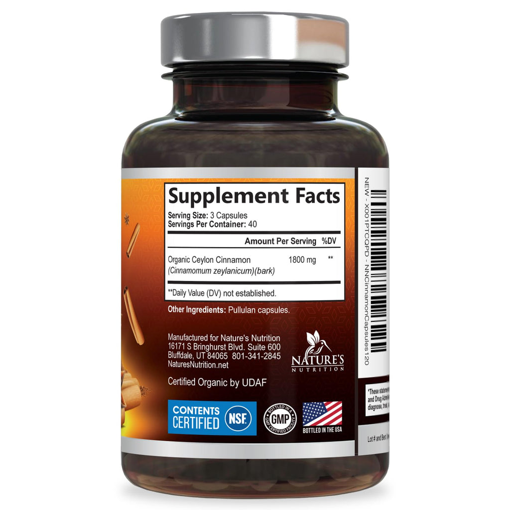 Organic Ceylon Cinnamon Supplement 1800mg Per Serving - Extra Strength Certified Organic Ceylon Cinnamon Powder Pills - Energy & Heart Support Antioxidant for Women & Men, Bottled USA - 120 Capsules