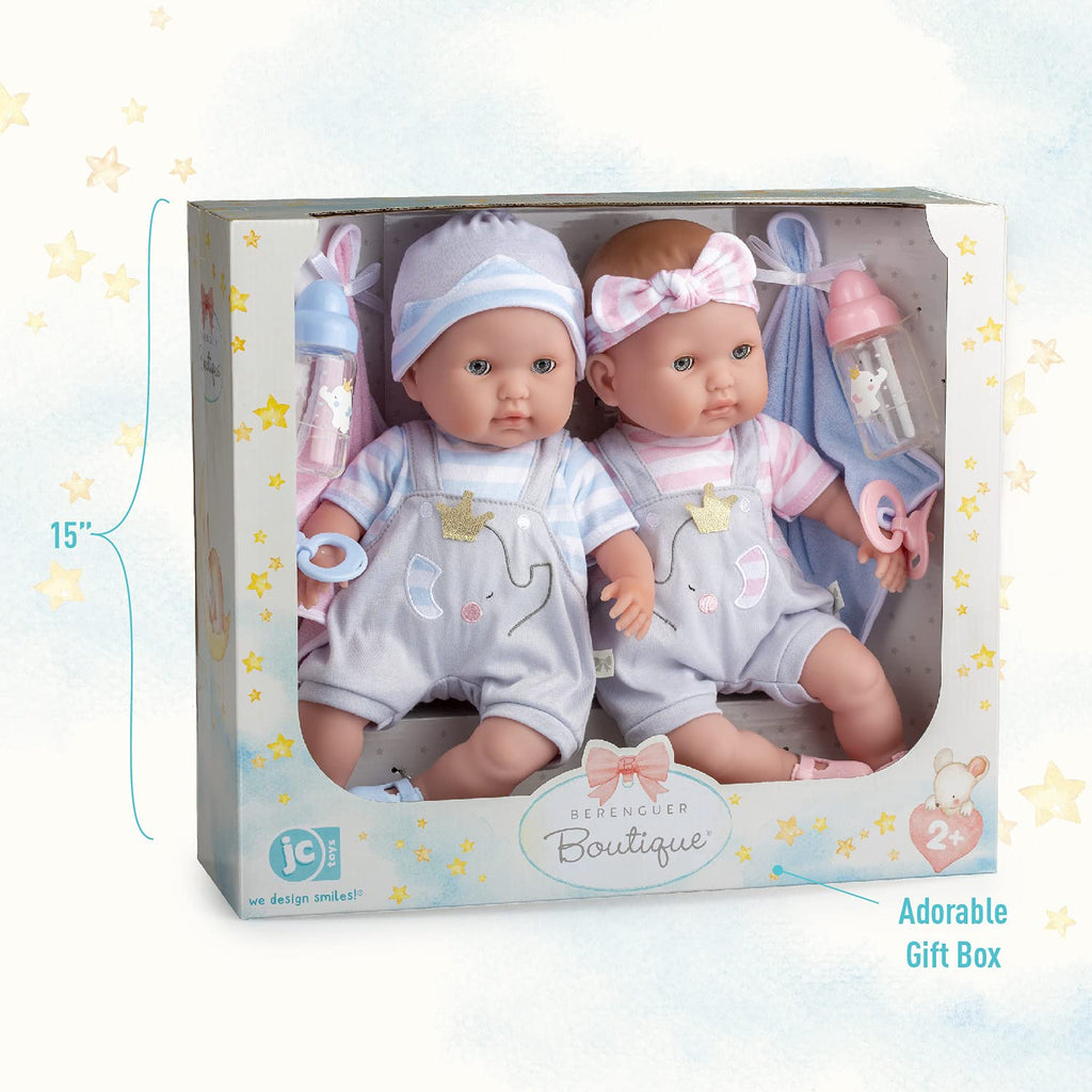 Berenguer Boutique 30050 TWINS- 15” Soft Body Baby Dolls - 12 Piece Gift Set with Open/Close Eyes- Perfect for Children 2+