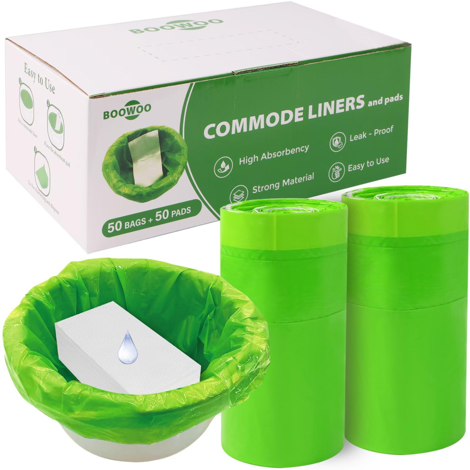BOOWOO Bedside Commode Liners with Absorbent Pads, Disposable Commode Bags/Pads, Scented Adult Potty Chair Liners, Portable Commode Poop Bag for Commode Chair, Bedpan, Bucket Toilet, 50 Bags+50 Pads
