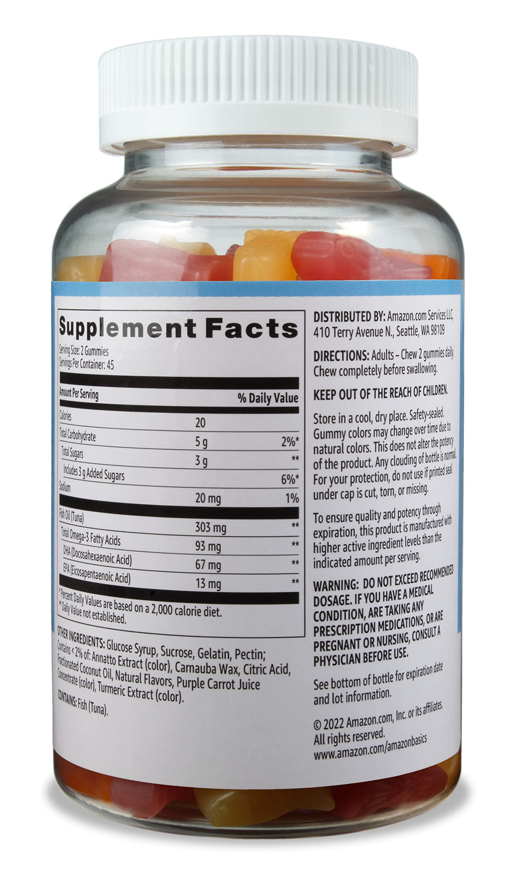 Amazon Basics Fish Oil 303 mg, Lemon, Orange & Strawberry-Banana Flavors, 90 Gummies (2 per Serving), EPA and DHA Omega-3 Fatty acids (Previously Solimo) (Pack of 2)
