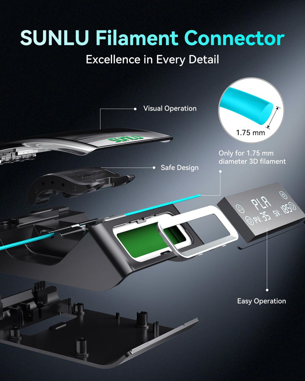 SUNLU Official Filament Connector, Fast Heating Filament Splicer for 3D Printer Filament 1.75mm, Up to 240°C, Compatible with PLA PETG TPU ABS PA Nylon, Easy to Use, Pack with 200PCS PTFE Sleeve
