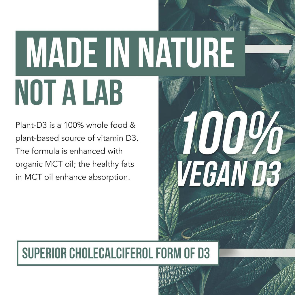 Organic Vitamin D3 10,000 IU - Plant D3, Vegan, Max Strength Sublingual Liquid D3 Drops - 200% Higher Absorption, 100% Plant-Based Cholecalciferol Form & Vegan D3, Adjustable Dosing (30 Servings)