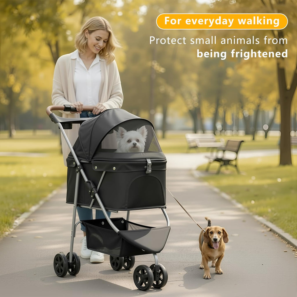 Pet Stroller for Small/Medium Dogs and Cats, Foldable 3 Wheel Jogger with One-Click Fold, Breathable Mesh, Storage Basket, Cup Holder, Weather Cover, Black (Black)