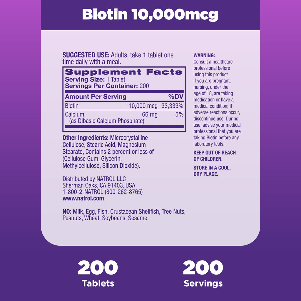 Natrol Biotin 10000mcg, Supplement for Healthy Hair, Skin and Nails for Those Low in Biotin, Plus Energy Metabolism Support, 200 Tablets, Up to a 200 Day Supply