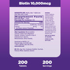 Natrol Biotin 10000mcg, Supplement for Healthy Hair, Skin and Nails for Those Low in Biotin, Plus Energy Metabolism Support, 200 Tablets, Up to a 200 Day Supply