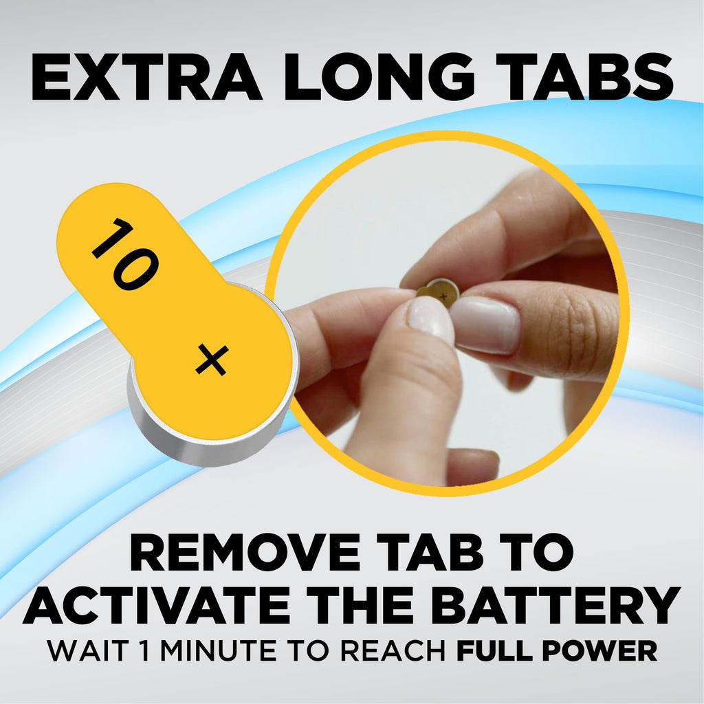 Powermax Size 10 Hearing Aid Batteries, 180 Count Long-Lasting Battery Pack, Yellow Long Tab for Easy Change