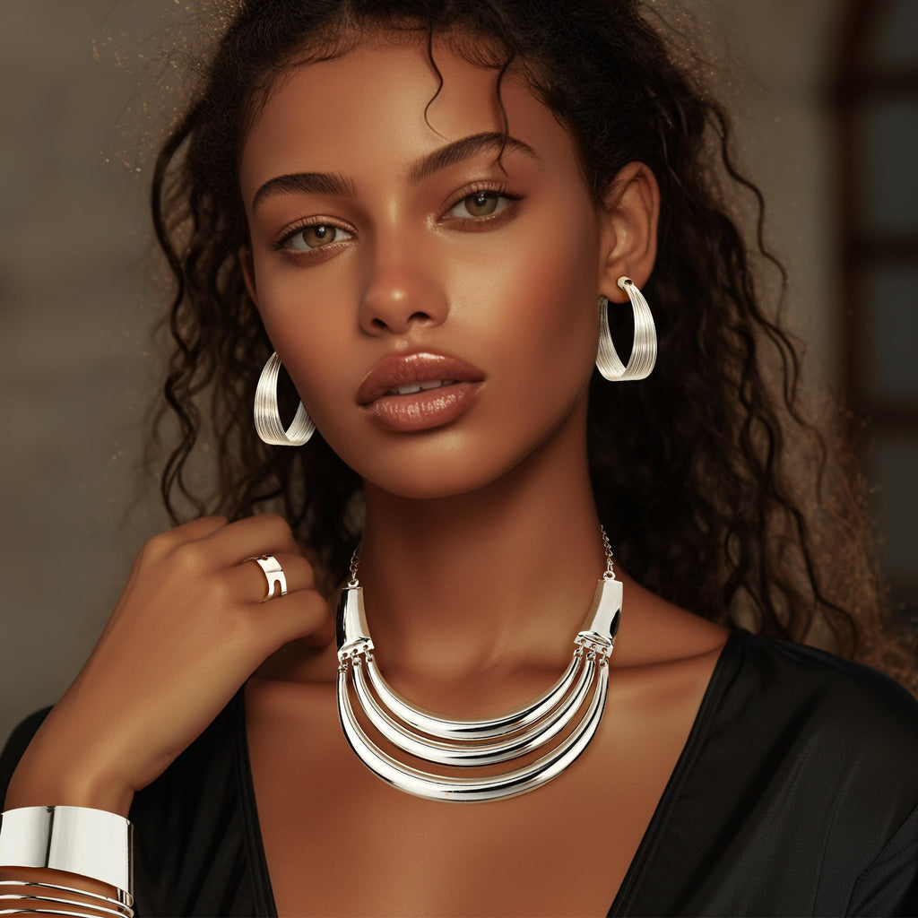 JOERICA Bib Choker Necklace Silver Jewelry Set Wide Cuff Bangle Bracelet Open Hoop Earrings Adjustable Ring Chunky Silver Statement Costume Jewelry Set for Women