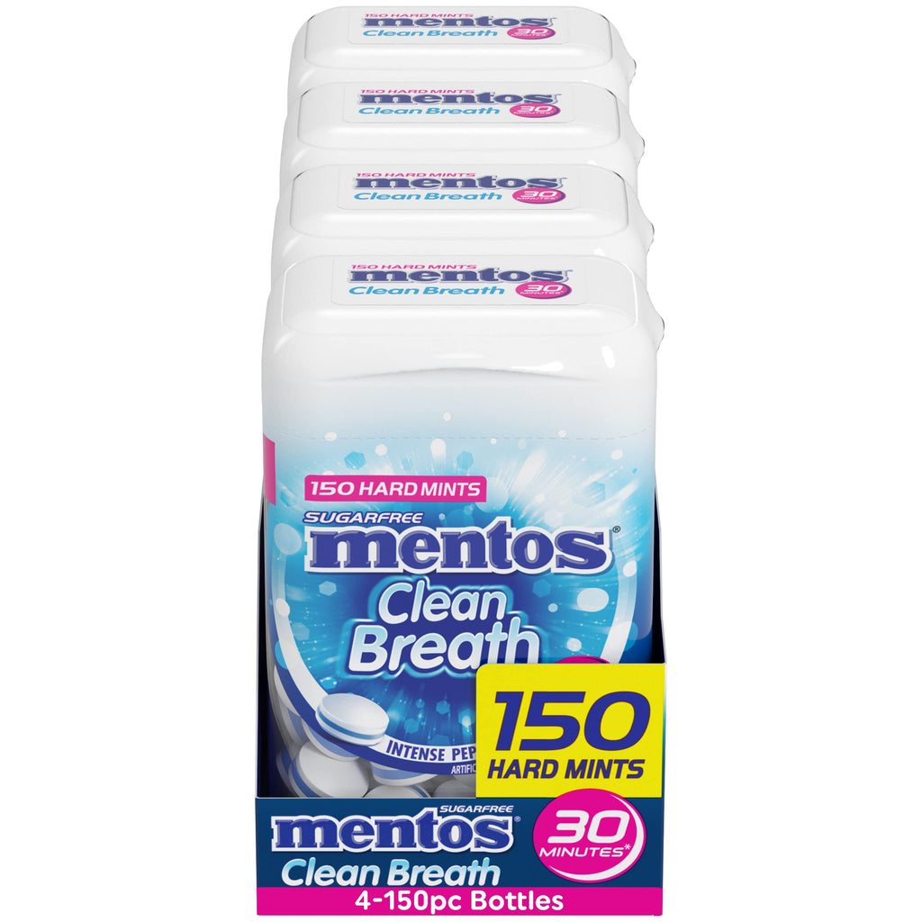 Mentos Clean Breath Hard Mints, Peppermint, 150 Piece Bottle (4 Pack)