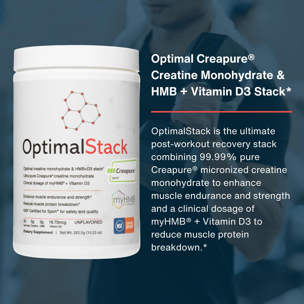 OptimalStack Creatine Monohydrate, HMB, & Vitamin D3 Stack | with Creapure Creatine, Clinical Dosage of myHMB, and Vitamin D3 | NSF for Sport Certified | Unflavored, 30 Servings