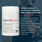 OptimalStack Creatine Monohydrate, HMB, & Vitamin D3 Stack | with Creapure Creatine, Clinical Dosage of myHMB, and Vitamin D3 | NSF for Sport Certified | Unflavored, 30 Servings