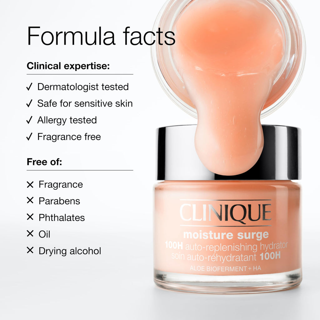 Clinique Moisture Surge 100H Auto-Replenishing Hydrator Oil Free Face Moisturizer | With Hyaluronic Acid, Aloe Bioferment and Vitamins C + E | For All Skin Types | Hydrating + Moisturizing, 1 Fl Oz