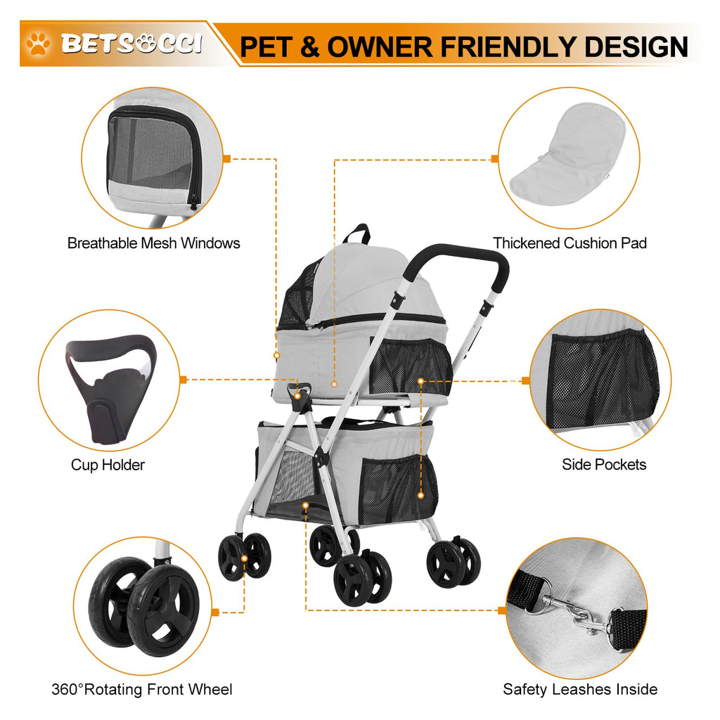 BETSOCCI Double Dog Stroller with 2 Detachable Carrier, Portable Pet Stroller for Small Dogs & Cats Folding Lightweight Puppy Travel Carriage, 4 Wheels, Grey