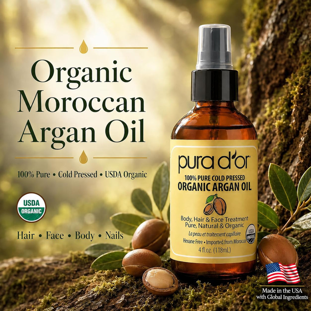 PURA D'OR USDA ORGANIC Moroccan Argan Oil Pure Cold-Pressed Hair & Skin 4oz