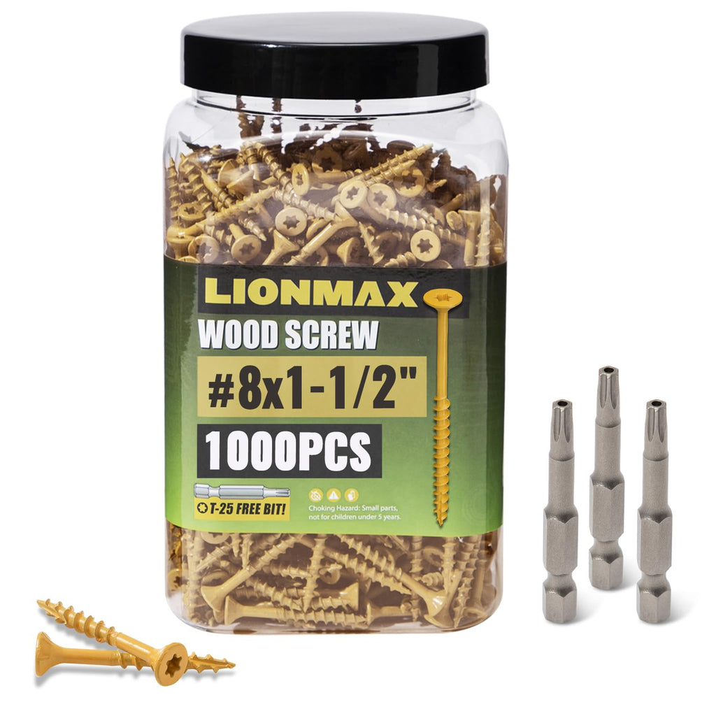LIONMAX Wood Screws 1-1/2 Inch, Deck Screws #8 x 1-1/2", 1000 PCS, Rust Resistant, Epoxy Coated, Exterior Wood Screw, Outdoor Decking Screws, Torx/Star Drive Head, T25 Star Bit Included, Tan