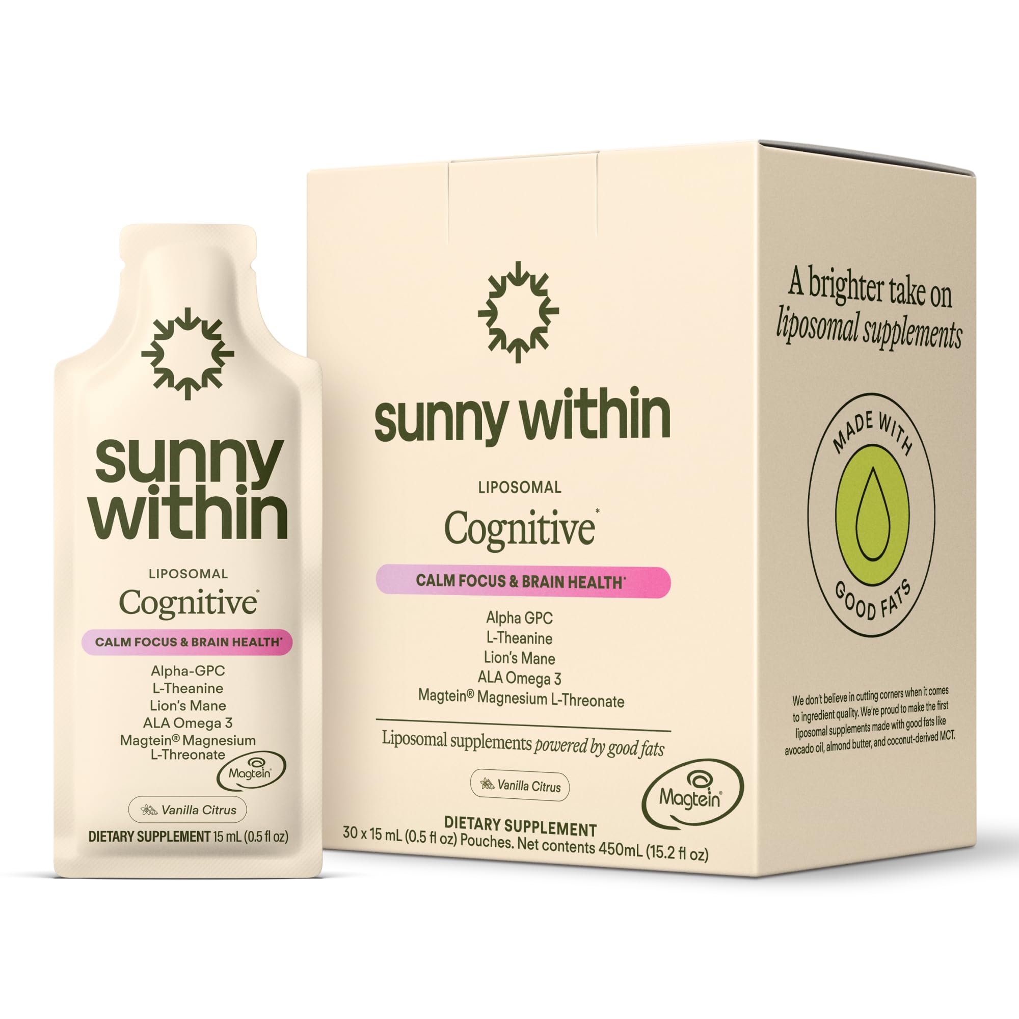 Sunny Within - Brain Health Supplement - Magnesium L-Threonate from Magtein®, Lion’s Mane, Alpha GPC, L-Theanine, ALA & Avocado Oil - Focus, Mood & Memory Support* - 30 Daily Vegan Pouches
