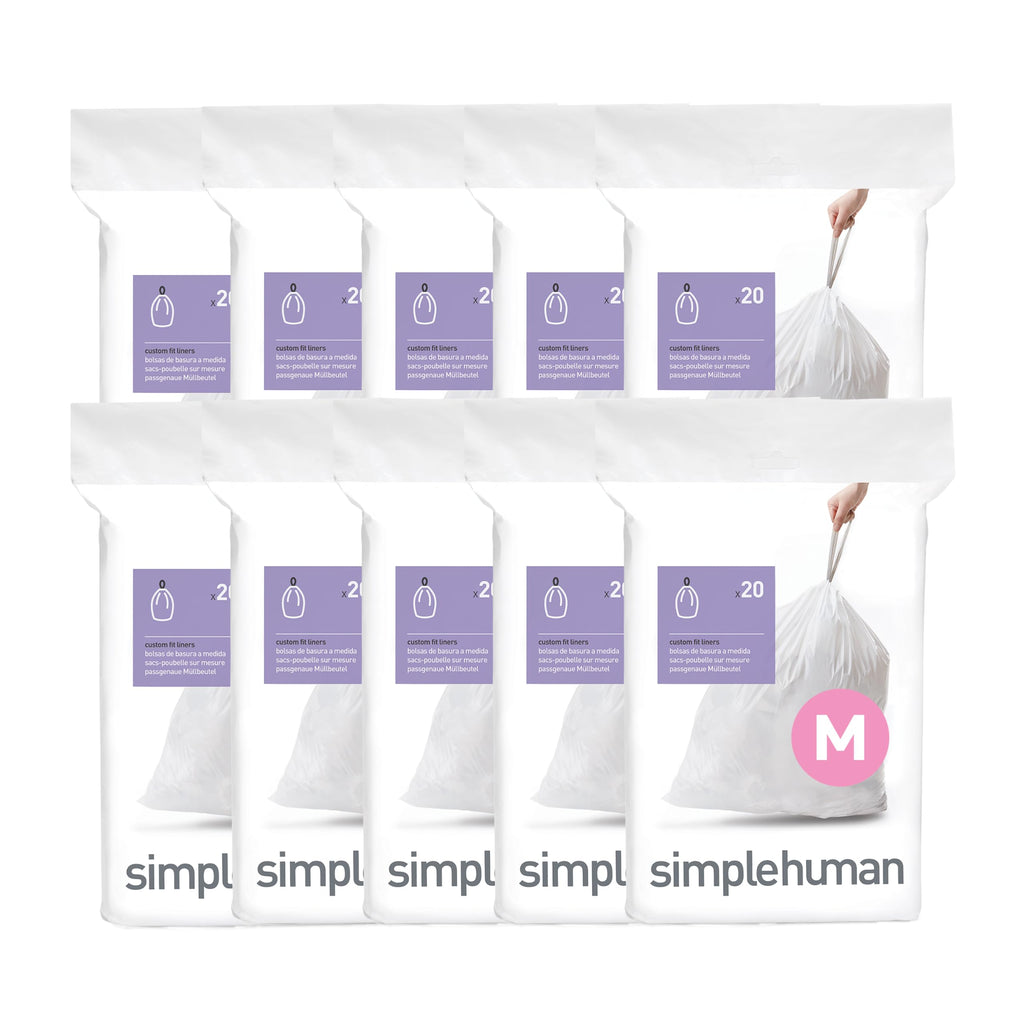 simplehuman Code M 200 Count, Dispenser Pack Custom Fit Liners, Drawstring Trash Bags, 45 Liter / 11.9 Gallon, White