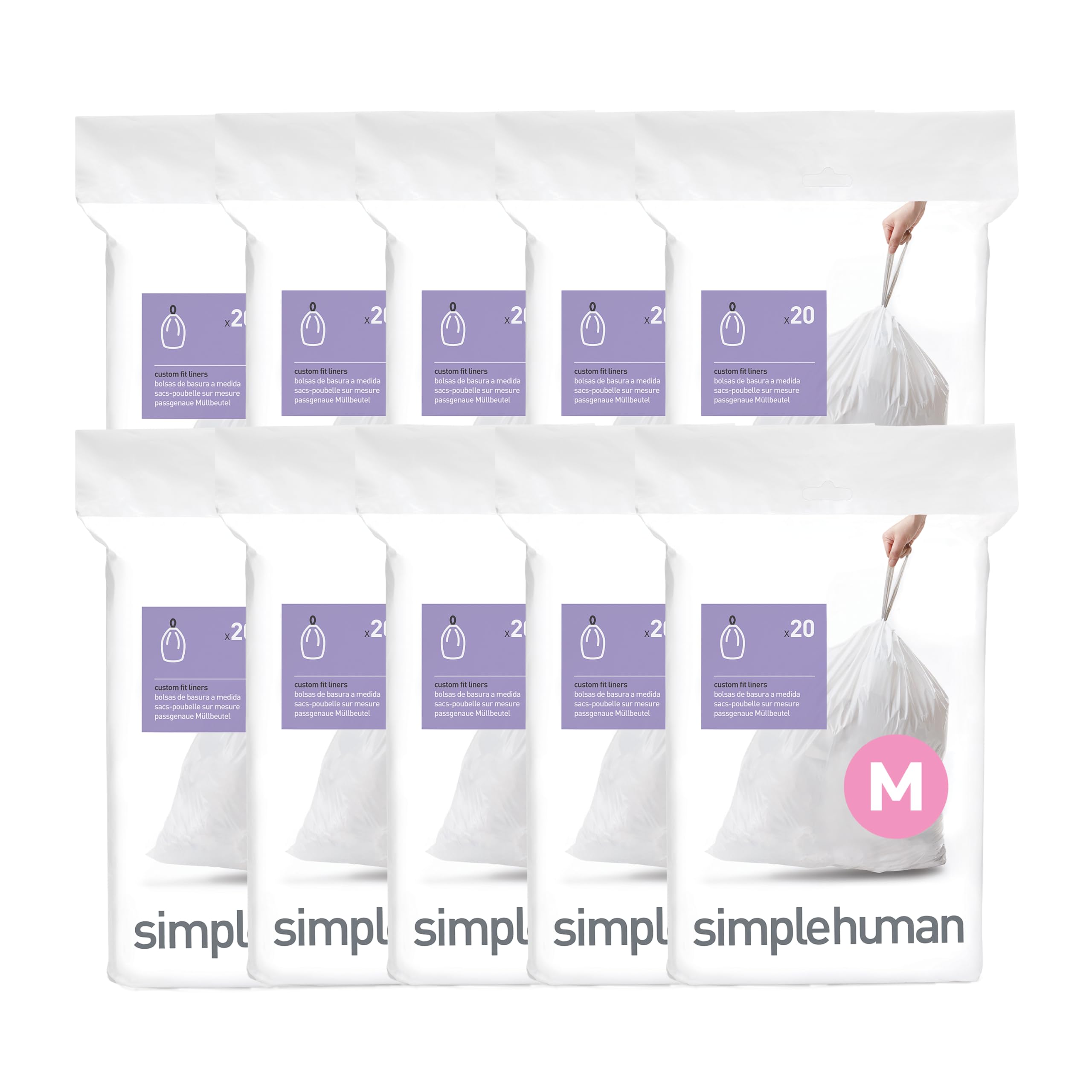 simplehuman Code M 200 Count, Dispenser Pack Custom Fit Liners, Drawstring Trash Bags, 45 Liter / 11.9 Gallon, White